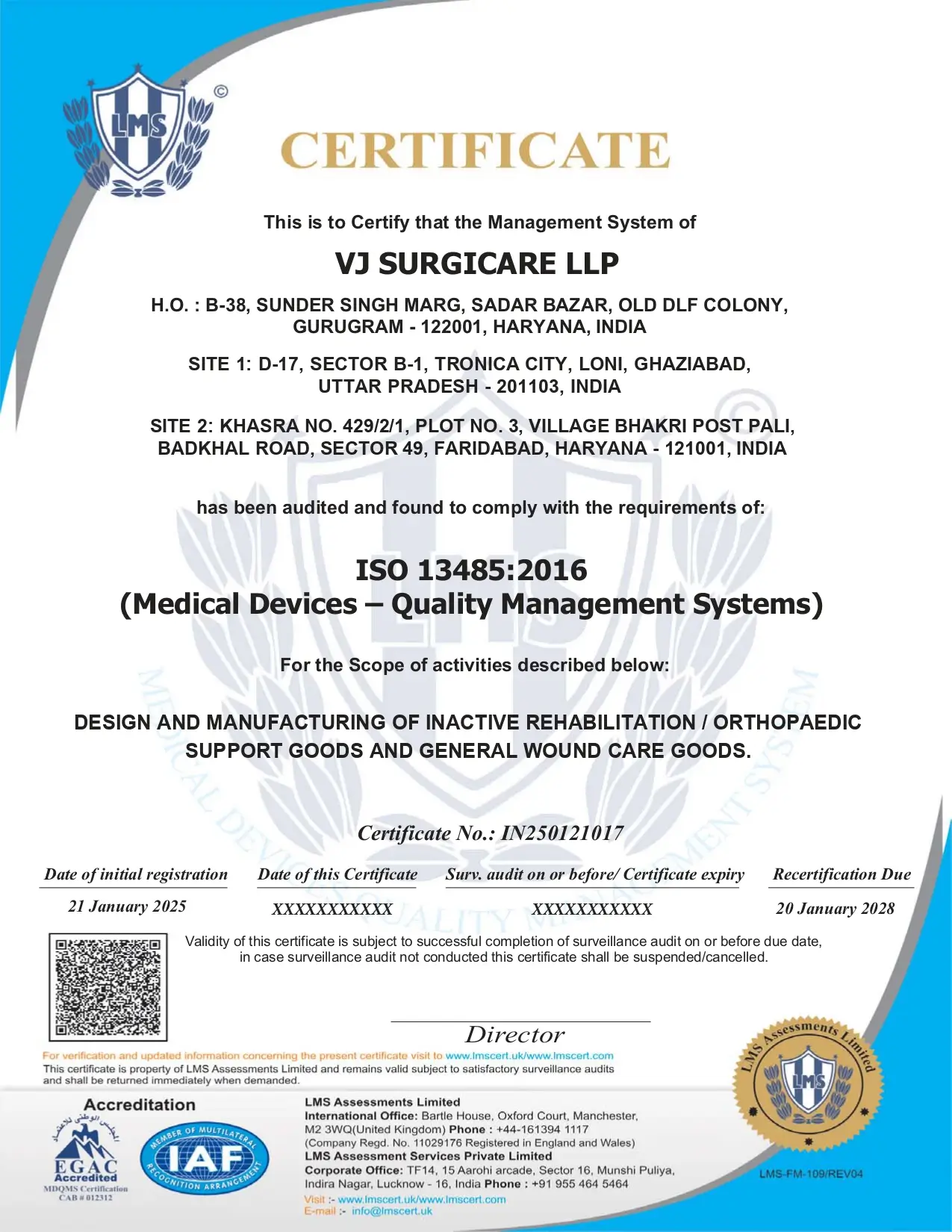 ISO 13485:2016 certificate for VJ Surgicare LLP