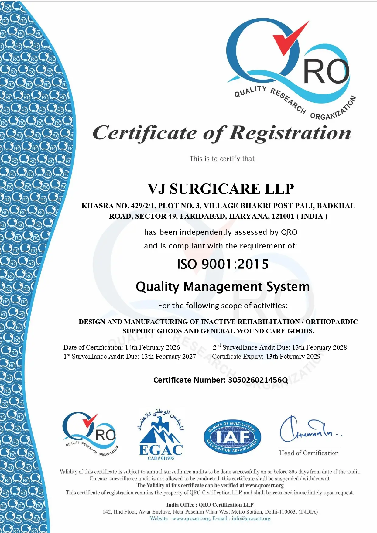 ISO 9001:2015 certificate for VJ Surgicare LLP
